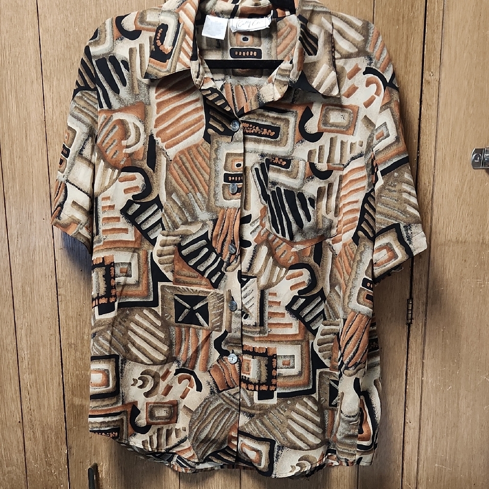 Trendy Geometric Button Down Shirt - Tan, Black, Cream